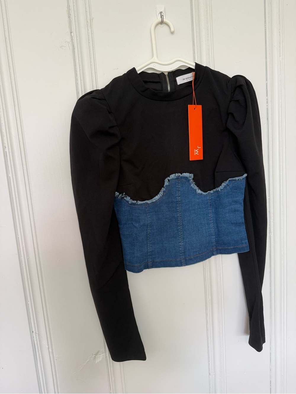 JW Signature Zip up Black Blouse with denim accent
